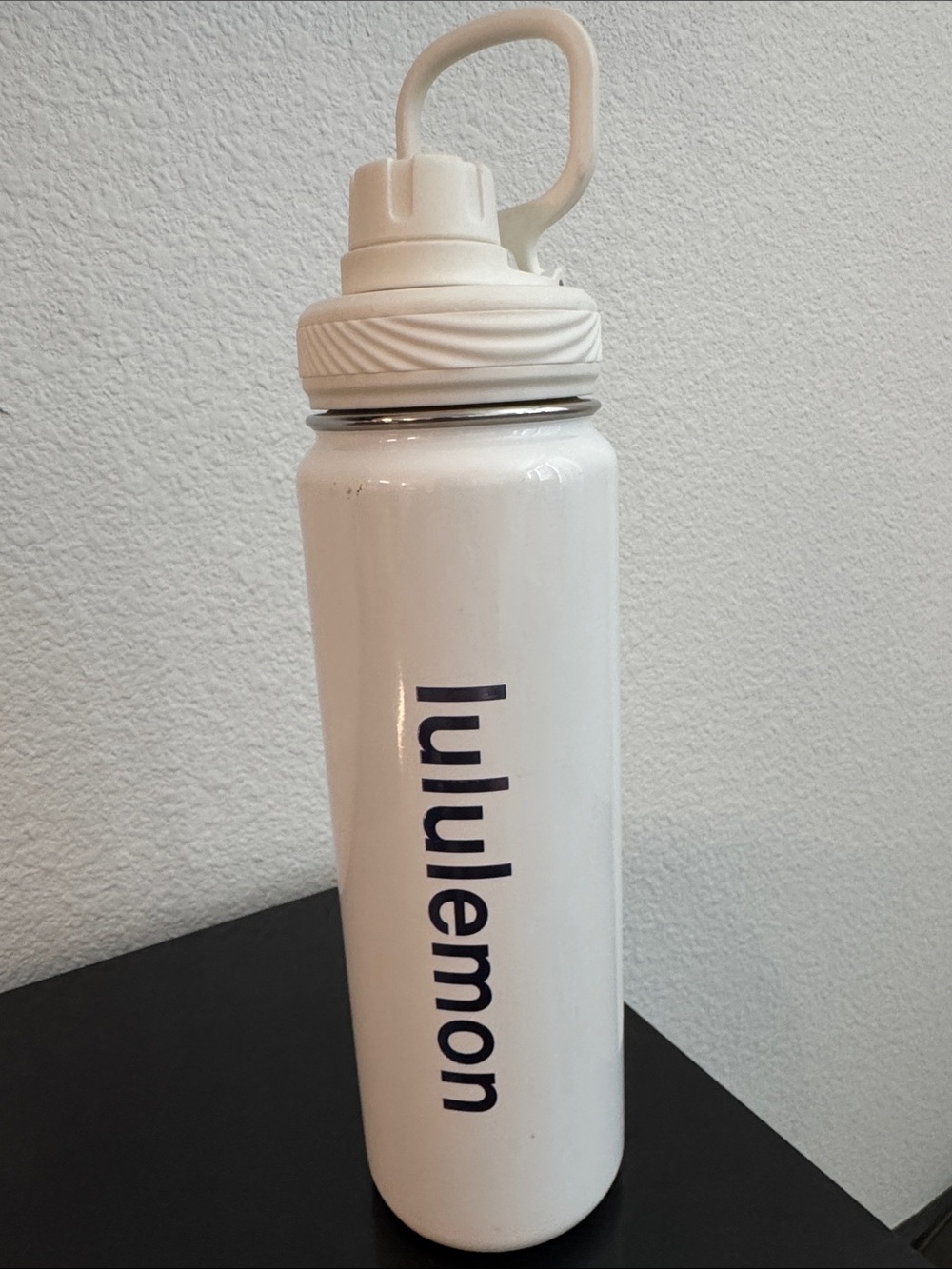 lululemon athletica White Water Bottle w/Navy Logo *scratches and dent on bottom